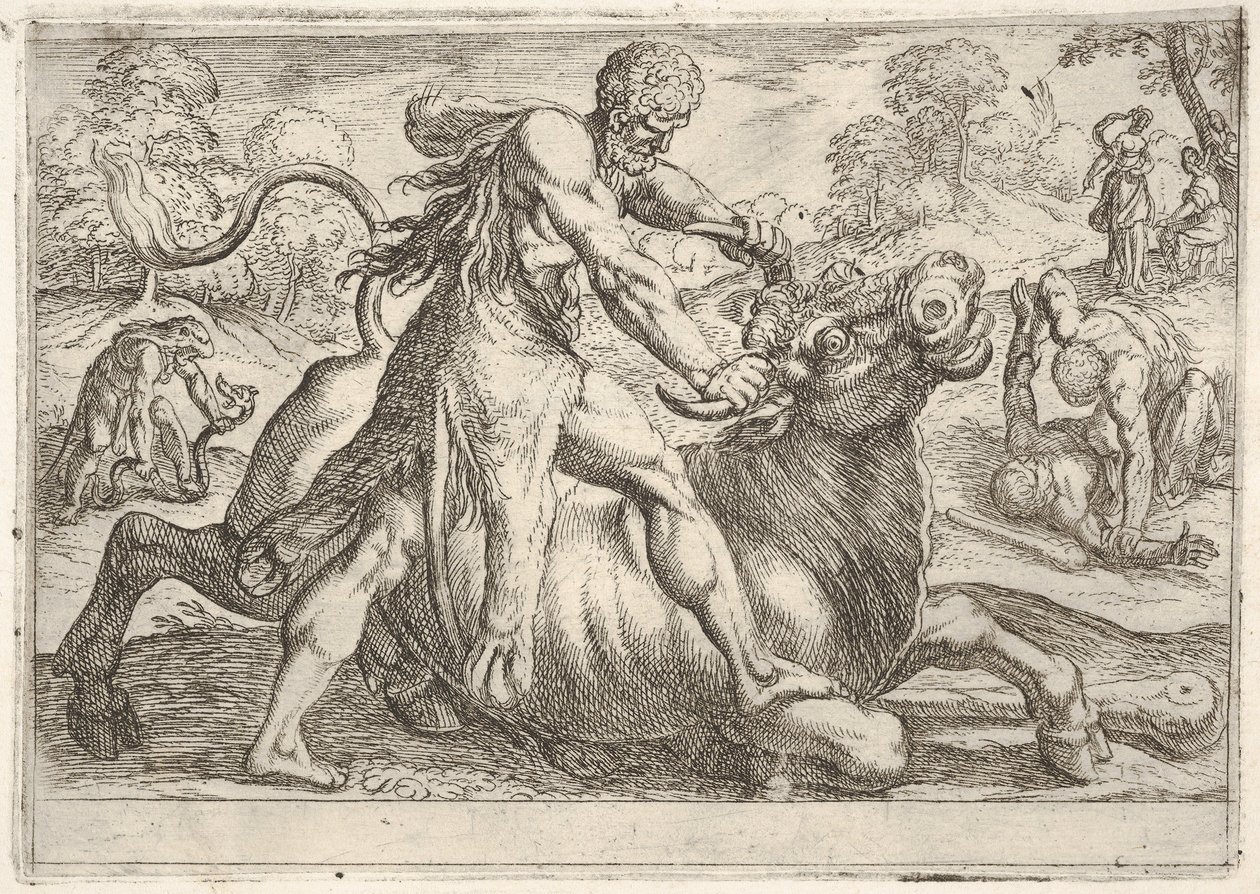 Hércules y Aqueloo: en el centro Hércules agarra los cuernos de un toro mientras presiona su ri..., 1608 de Antonio Tempesta
