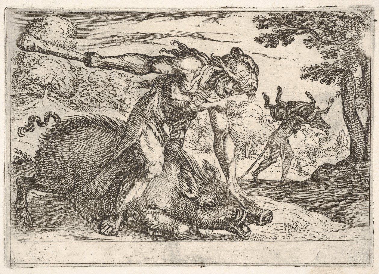 Hércules y el jabalí de Erimanto: Hércules sujeta el hocico del jabalí con su mano izquierda, 1608 de Antonio Tempesta