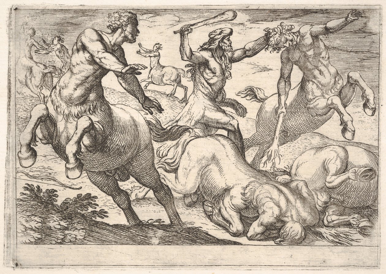 Hércules y los centauros: Hércules sostiene la cabeza de un centauro con su mano izquierda y levanta..., 1608 de Antonio Tempesta