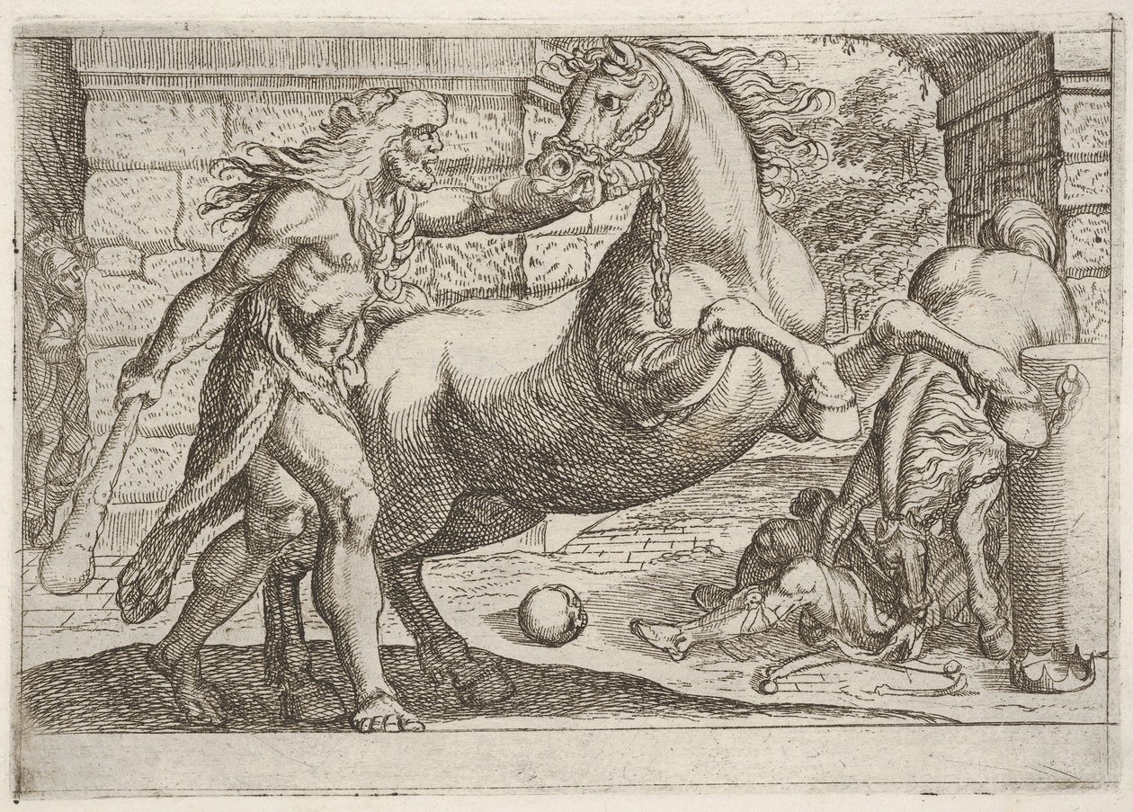 Hércules y las yeguas de Diomedes: Hércules agarra las riendas de un caballo encabritado, un segundo..., 1608 de Antonio Tempesta