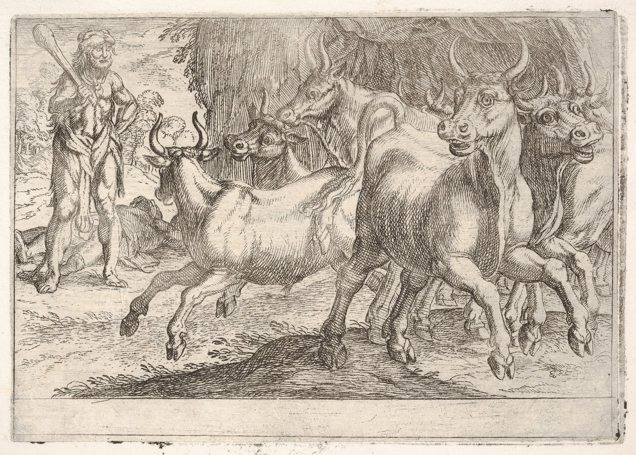 Hércules y los Bueyes de Gerión: con un garrote levantado por su mano derecha, Hércules confronta, 1608 de Antonio Tempesta