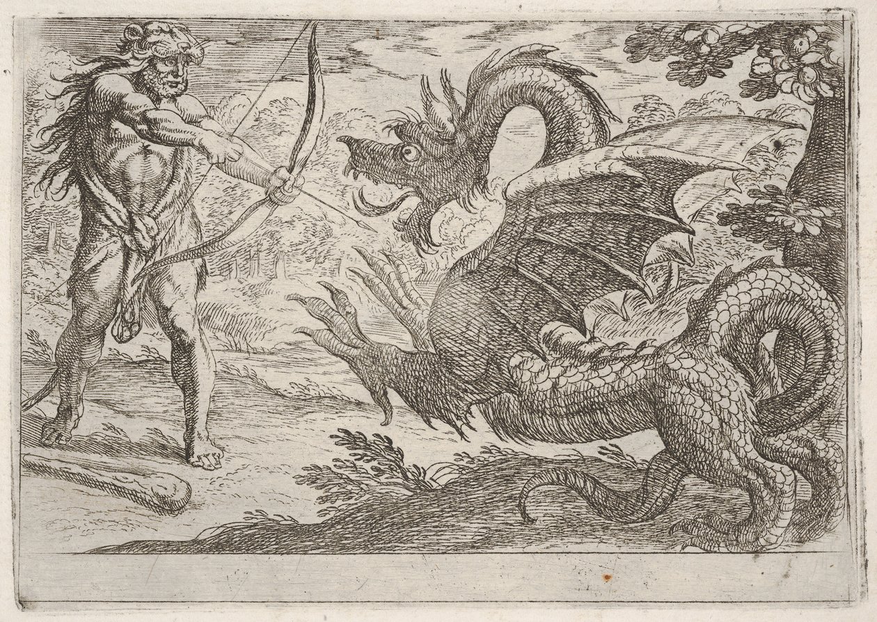 Hércules y la serpiente Ladón: Hércules tensa su arco, la serpiente erguida aparece en proa..., 1608 de Antonio Tempesta