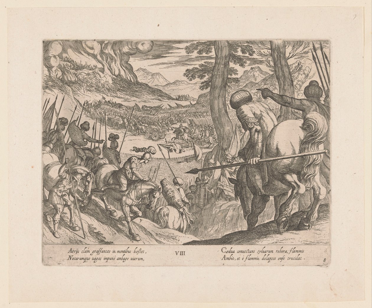 El ejército de Alejandro Magno rodea con fuego a las fuerzas enemigas Las hazañas de Alejandro Magno (título de la serie) Alexandri magni praecipvae res gestae (título de la serie) de Antonio Tempesta