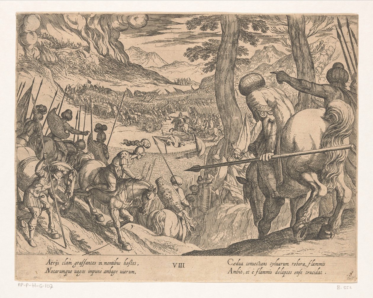 El ejército de Alejandro Magno rodea con fuego a las fuerzas enemigas Las hazañas de Alejandro Magno (título de la serie) Alexandri magni praecipvae res gestae (título de la serie) de Antonio Tempesta