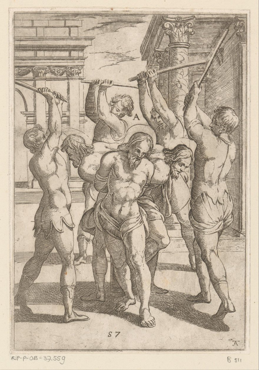 La paliza de tres santos con la espalda atada Torturas sufridas por los mártires cristianos (título de la serie) Varia tormentorum et supplicioru rawlium (...) (título de la serie) de Antonio Tempesta