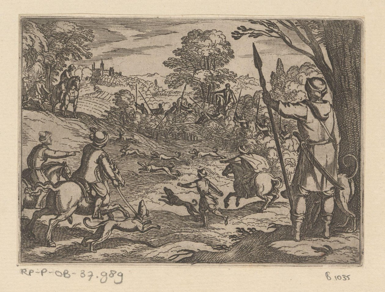 Caza de conejos con hombres cazando conejos de los arbustos. Escenas de caza (parte 2) (título de la serie) Primo libro di caccie varie (título de la serie) de Antonio Tempesta
