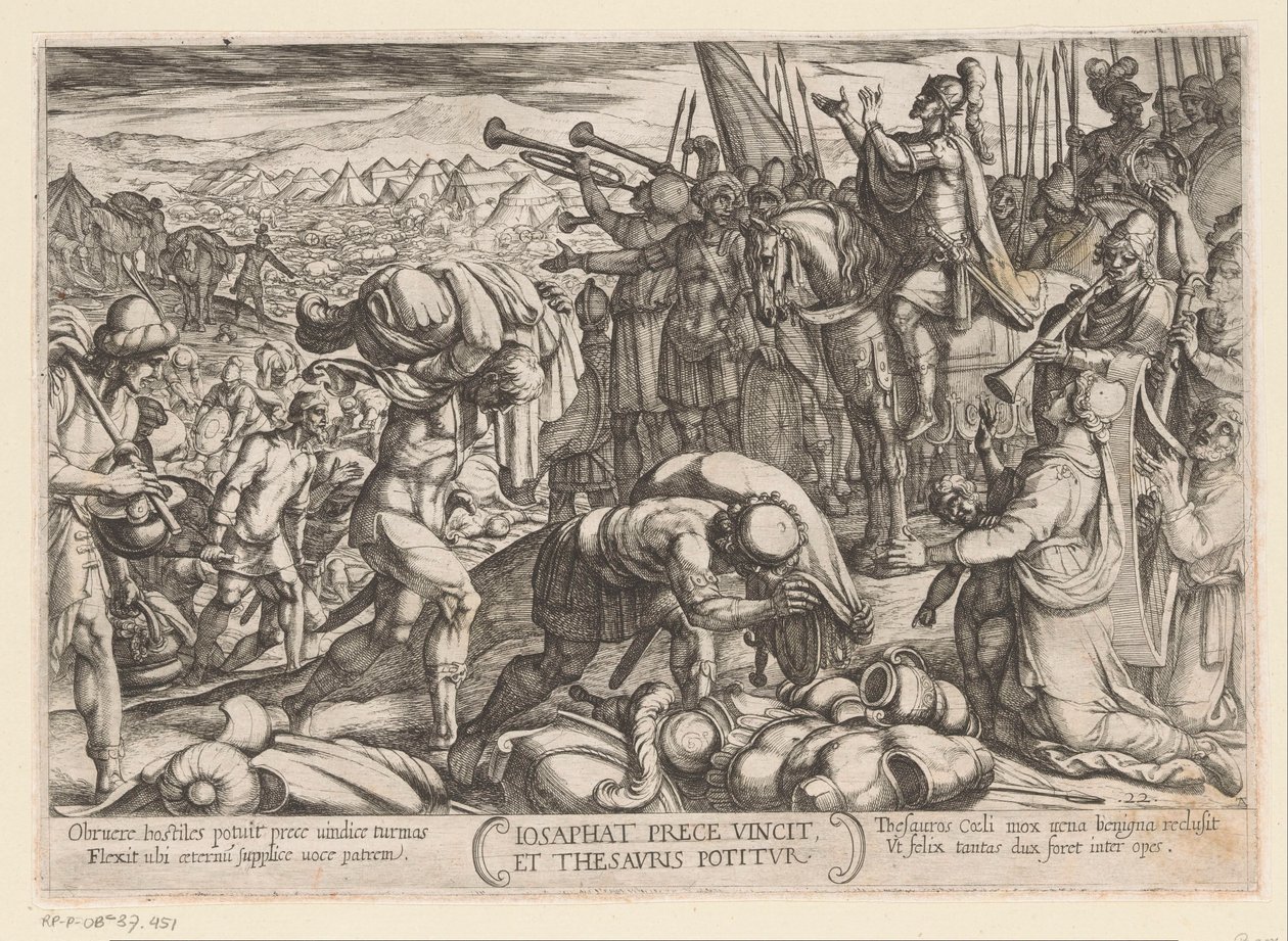 Josafat agradece a Dios por su victoria Iosaphat prece vincit et thesauris potitur (título sobre el objeto) Escenas de batalla del Antiguo Testamento (título de la serie) de Antonio Tempesta