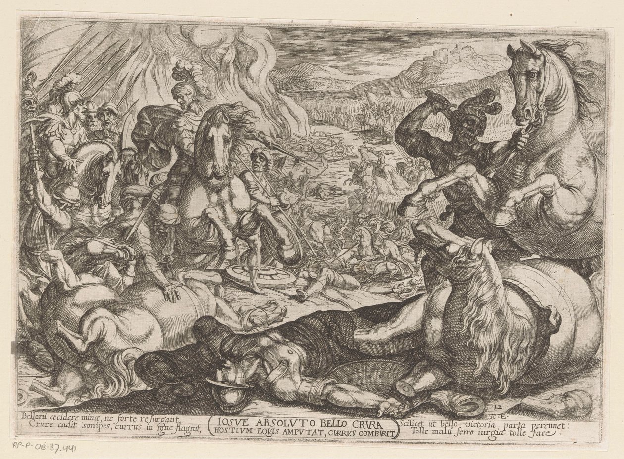 Josué paraliza los caballos y quema los carros de las naciones Iosue absoluto bello crura hostium equis amputat, currus comburit (título sobre objeto) Escenas de batalla del Antiguo Testamento (título de la serie) de Antonio Tempesta