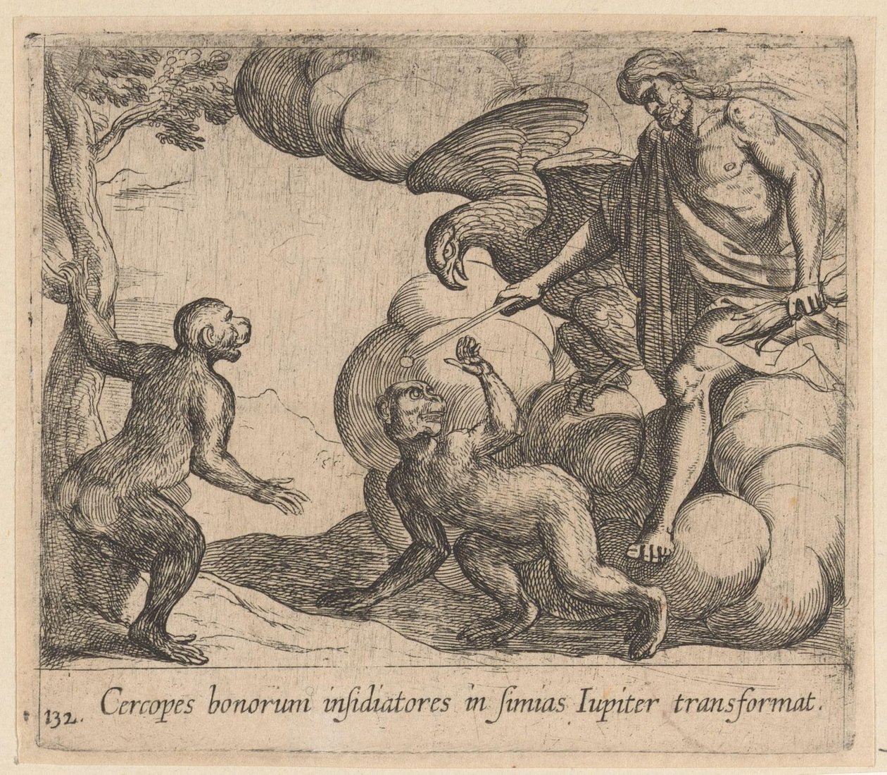 Júpiter verandert de Cercopes in apen
Cercopes bonorum insidiatores in simias Iupiter transformat (título del objeto)
Metamorphoseon sive transformationum (título de la serie)
Metamorfosen van Ovidius (título de la serie) de Antonio Tempesta