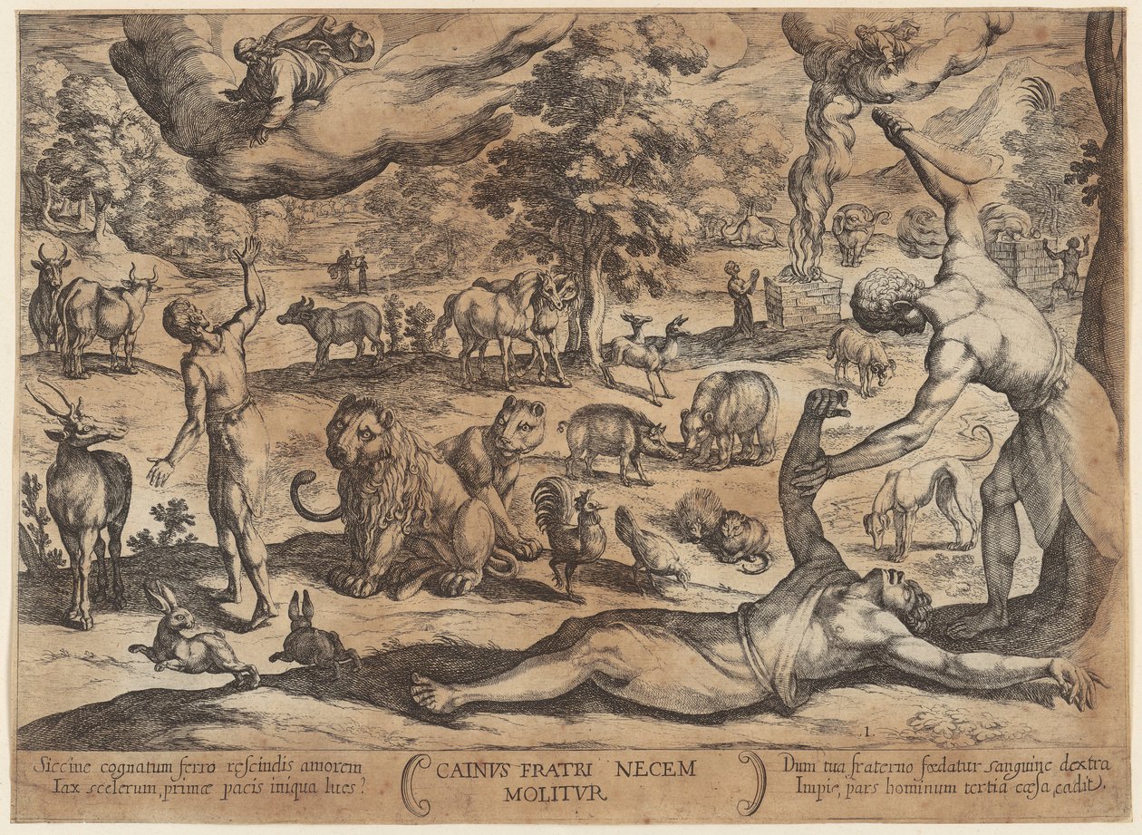 Caín mata a Abel, lámina 1 de la serie "Batallas del Antiguo Testamento" de Antonio Tempesta