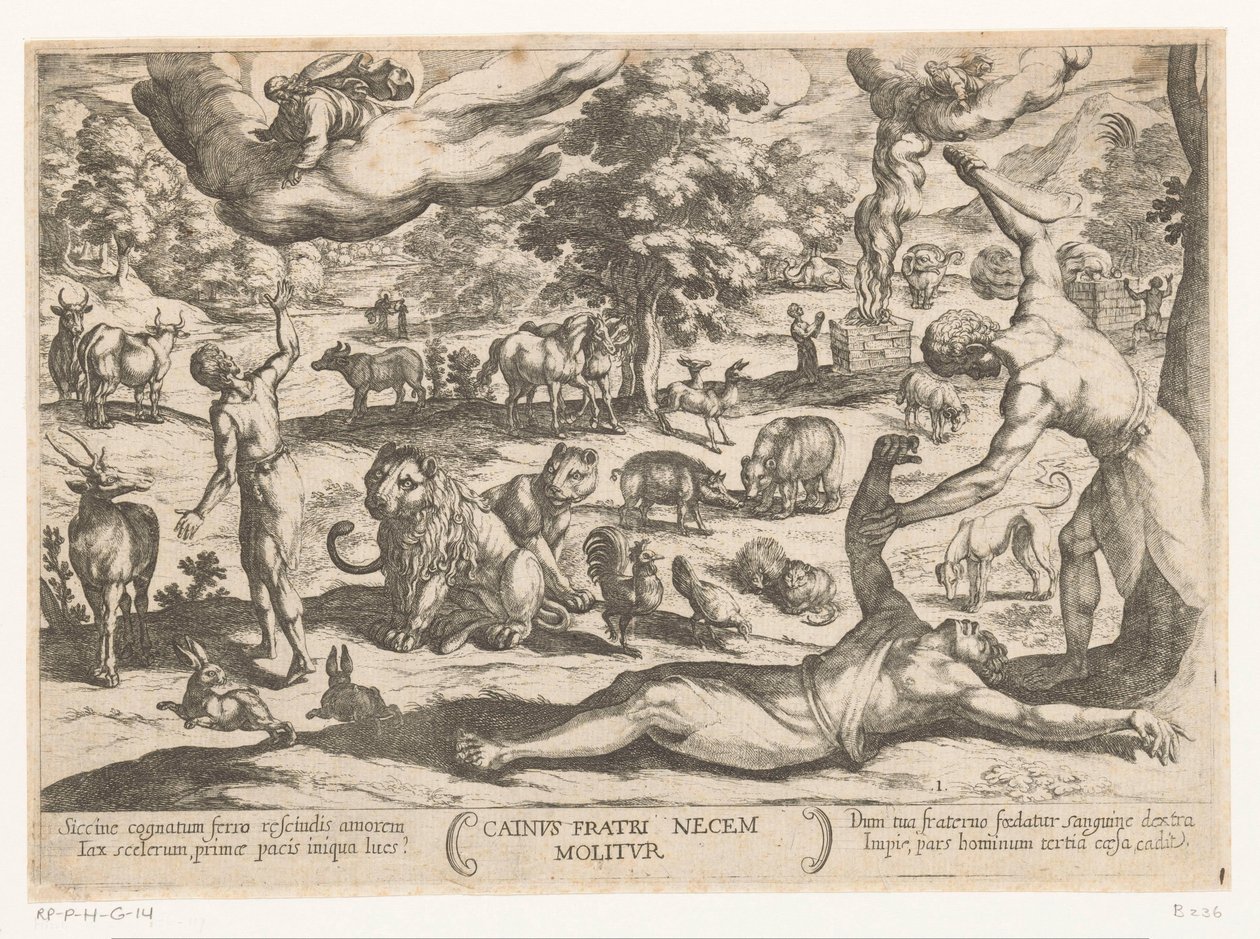 Caín mata a Abel Cainus fratri necem molitur (título sobre objeto) Escenas de batalla del Antiguo Testamento (título de la serie) de Antonio Tempesta