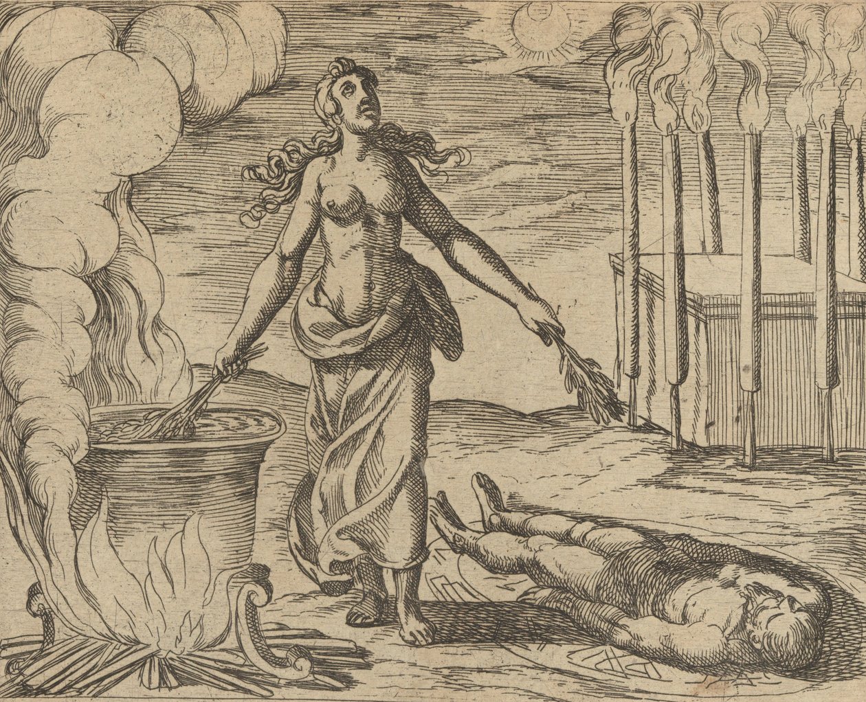 Medea restaurando la juventud de Eson Aesoni decerptio iuventam restituit Medea,..., Publicado después de 1606 de Antonio Tempesta