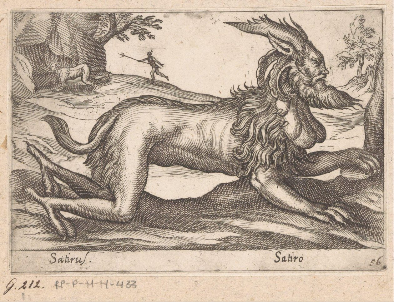 criatura monstruosa Satirus/ Satiro (título sobre objeto) Animales y criaturas míticas (título de serie) Nova raccolta de li animali piu curiosi del mondo (título de la serie) de Antonio Tempesta