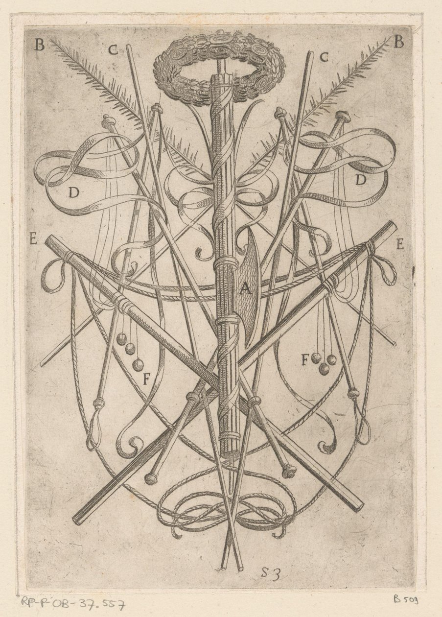 Adorno con herramientas de tortura Torturas sufridas por los mártires cristianos (título de la serie) Varia tormentorum et supplicioru rawlium (...) (título de la serie) de Antonio Tempesta