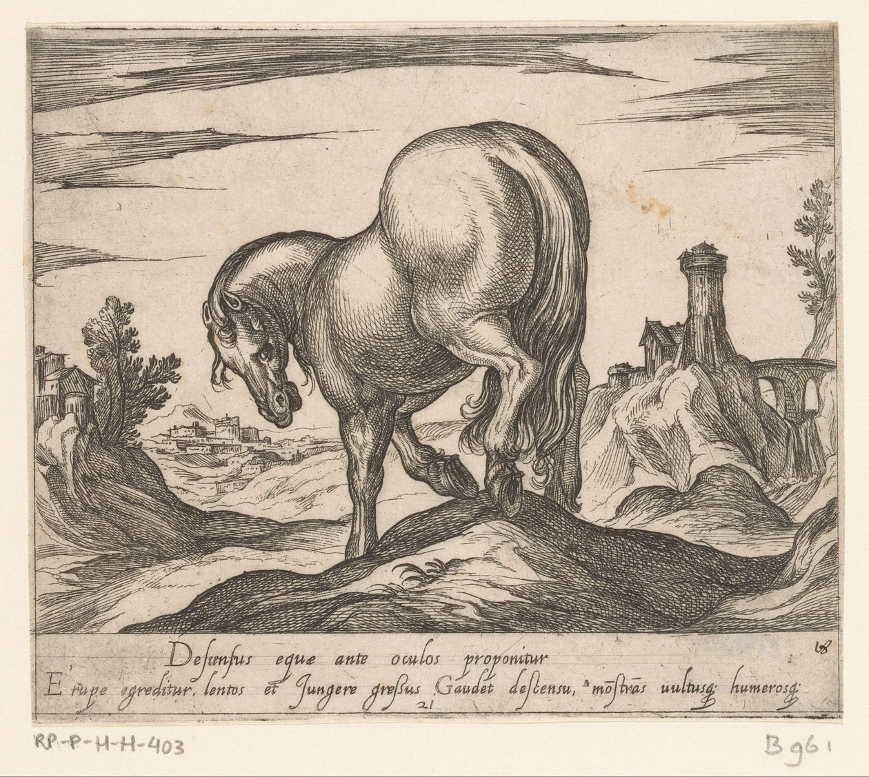 Caballo bajando una colina visto desde atrás Caballos de diferentes países (título de la serie) Su ducibus princeps celebraberis ore viroru illa homines venció a haec sideribusq locat (título de la serie) de Antonio Tempesta
