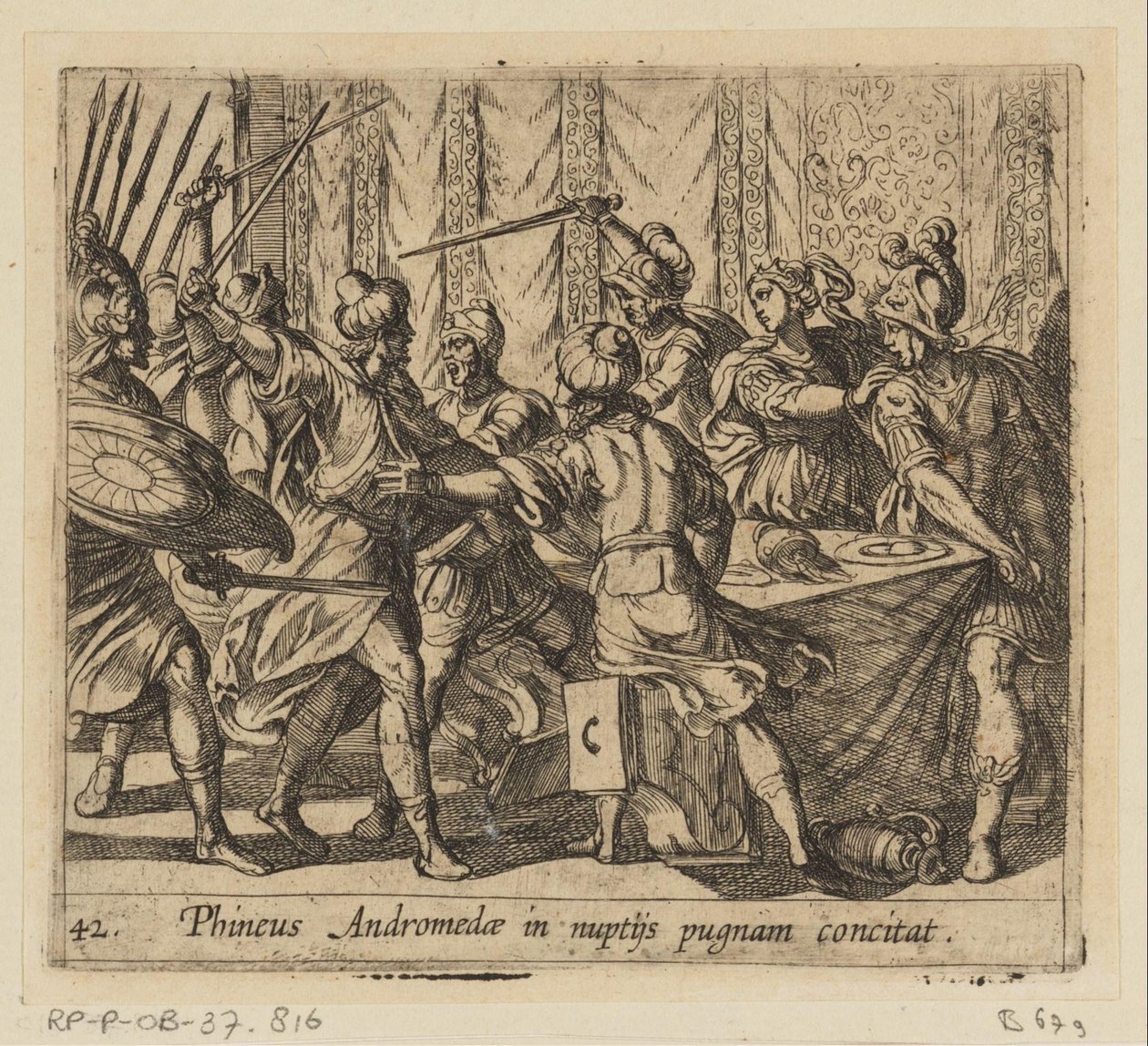 Phineus verstoort de la boda de Perseo en Andrómeda Fineo provoca que Andrómeda pelee en su boda (título sobre objeto) Metamorphoseon o transformaciones (título de la serie) Metamorfosen van Ovidius (título de la serie) de Antonio Tempesta