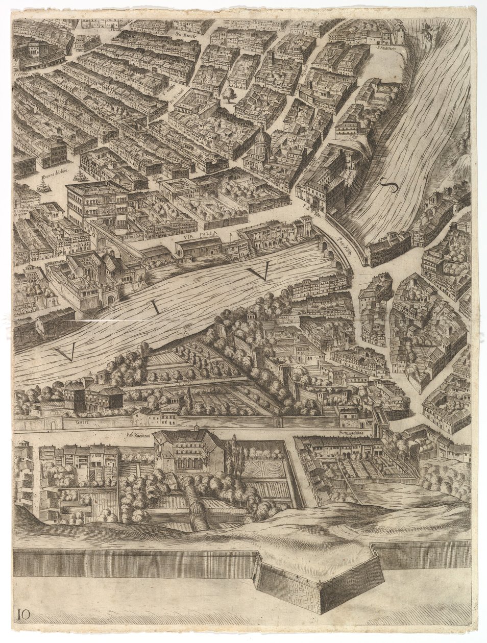 Plano de la ciudad de Roma. Parte 10 con el Tíber y la Villa Farnesina de Antonio Tempesta
