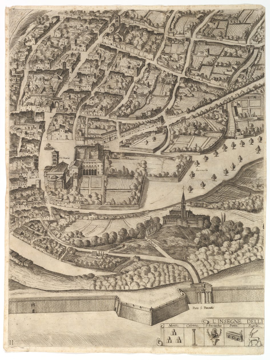 Plano de la ciudad de Roma. Parte 11 con el San Pancrazio margen izquierda, 1645 de Antonio Tempesta