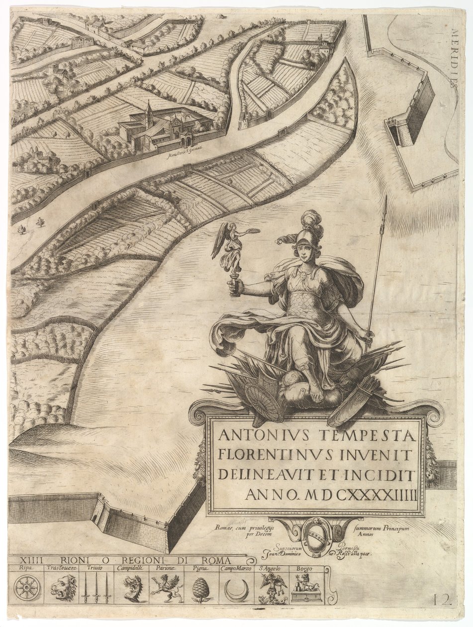 Plano de la Ciudad de Roma. Parte 12 con el Borde Suroeste de la Ciudad y un Gran Car... de Antonio Tempesta