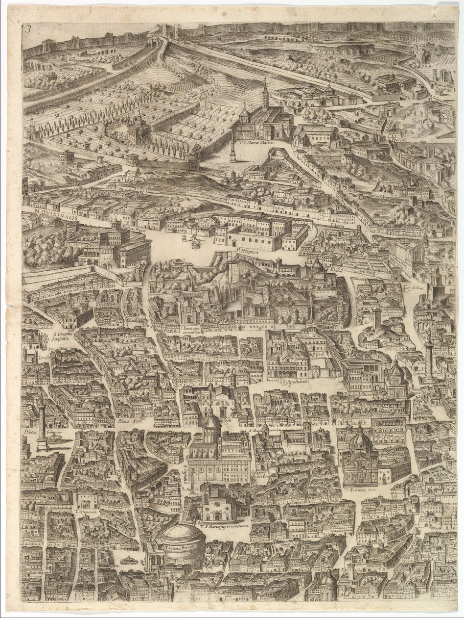 Plano de la ciudad de Roma. Parte 3 con Santa Maria Maggiore, el Panteón y Trajano de Antonio Tempesta