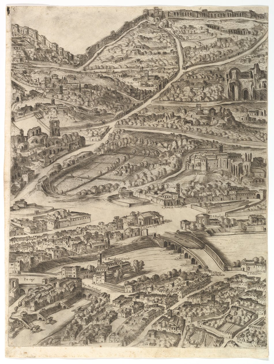 Plano de la Ciudad de Roma. Parte 5 con los Baños de Caracalla, la Santa Sabina y parte de..., 1645 de Antonio Tempesta