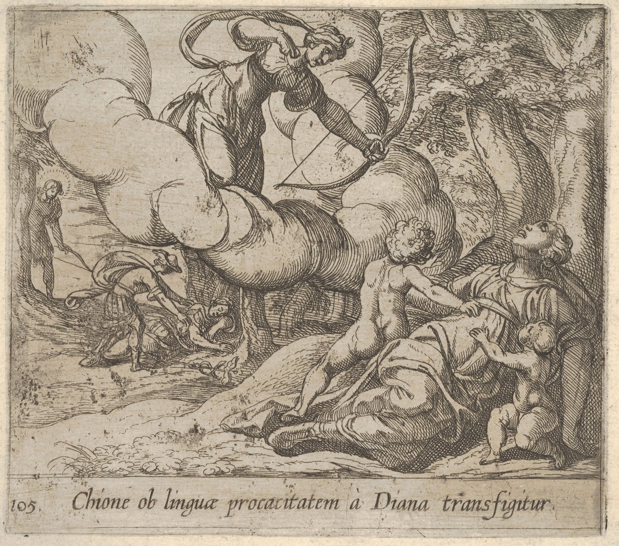Placa 105: Diana apuntando su arco hacia Chione, quien está acompañada por dos niños de Antonio Tempesta