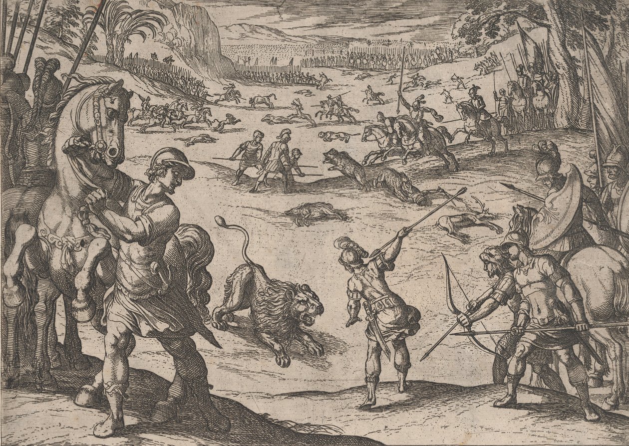 Placa 11: La caza del león de Alejandro, de Los hechos de Alejandro Magno, 1608 de Antonio Tempesta