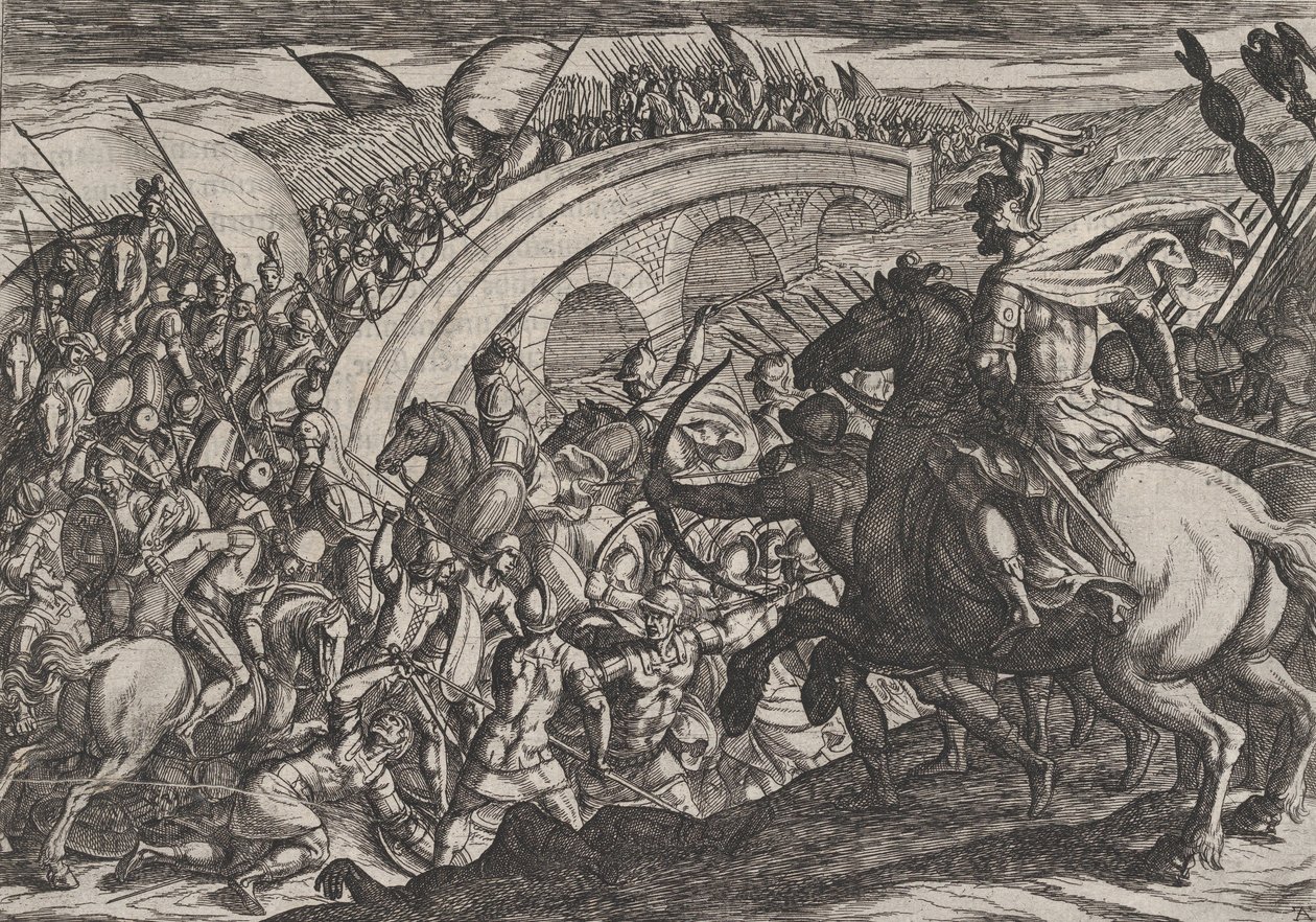 Placa 11: Tropas de Civilis cruzando el río Mosa, de La guerra de los romanos contra los ..., 1611 de Antonio Tempesta