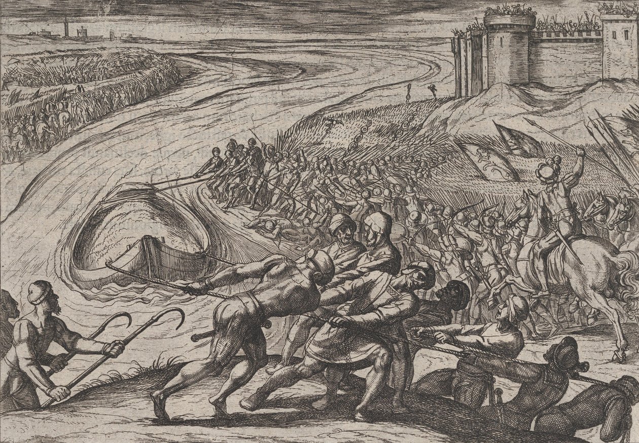 Lámina 12: Tirando de un Barco Cargado de Grano a la Orilla, de La Guerra de los Romanos Contra..., 1611 de Antonio Tempesta