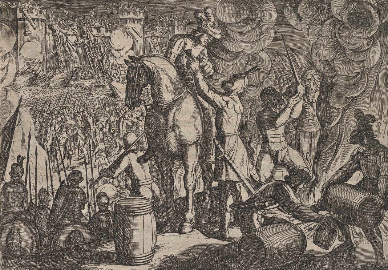 Placa 13: Ataque a la fortaleza romana de noche, de La guerra de los romanos contra los ba..., 1611 de Antonio Tempesta