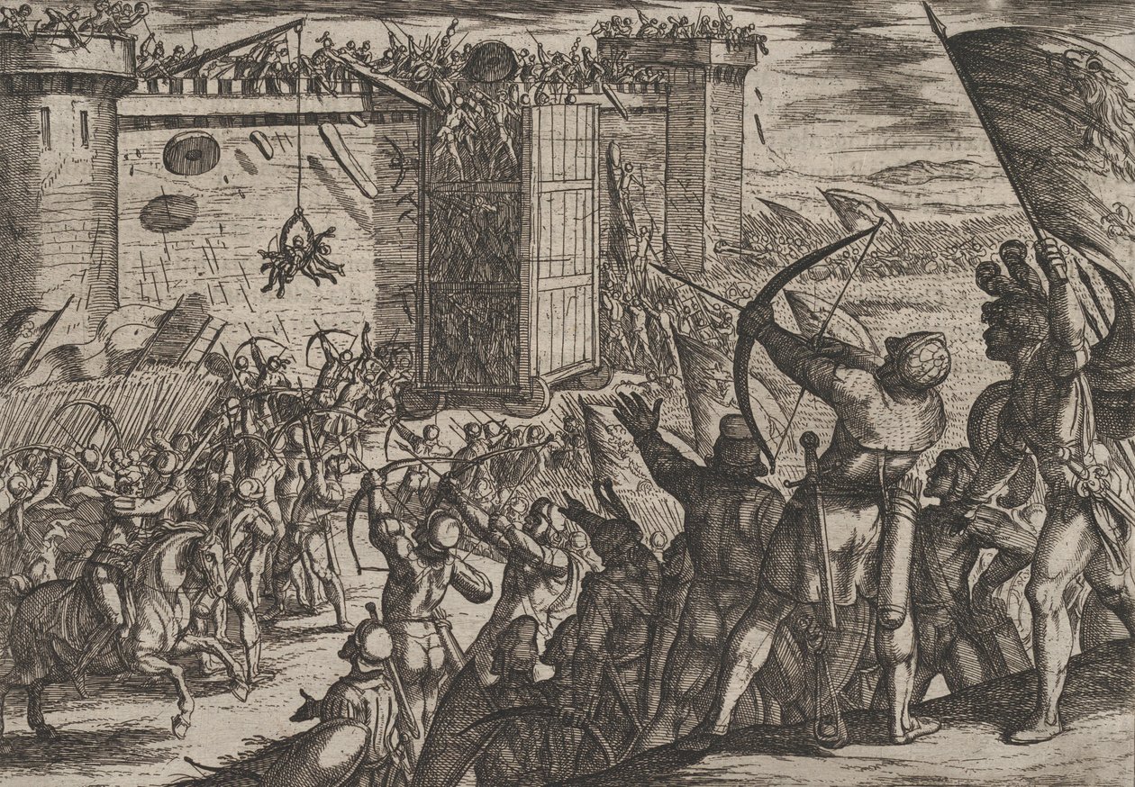 Placa 14: Nuevo ataque a la vieja fortaleza, de La guerra de los romanos contra los batavios..., 1611 de Antonio Tempesta