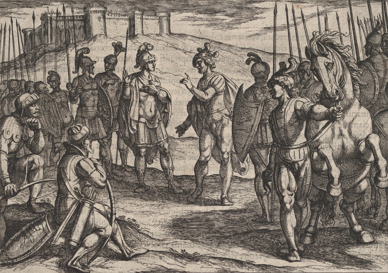 Placa 15: Civilis tratando con un comandante romano, de La guerra de los romanos contra los..., 1611 de Antonio Tempesta