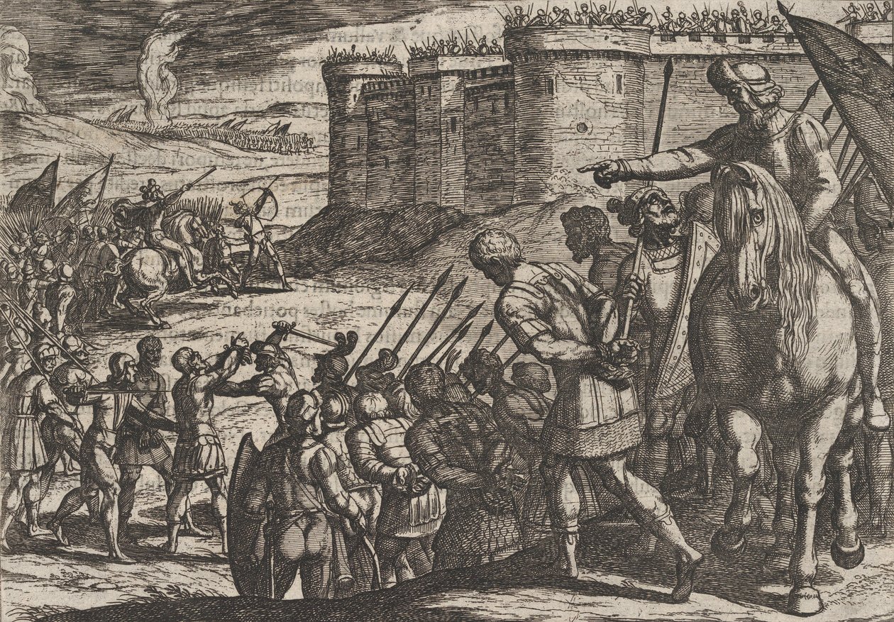 Placa 16: Cautivos romanos ante la antigua fortaleza, de La guerra de los romanos contra los B... de Antonio Tempesta