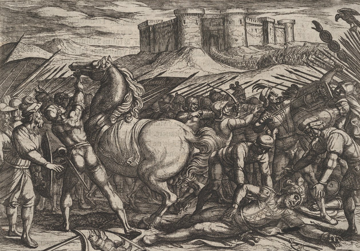Placa 17: Los Romanos Engañados por el Caballo de Civilis para Creer que Estaba Muerto o Herido, de..., 1611 de Antonio Tempesta