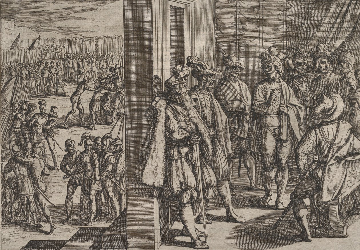 Placa 18: Reunión secreta de Civilis con otros líderes de Tréveris, de La Guerra de los Rom..., 1611 de Antonio Tempesta