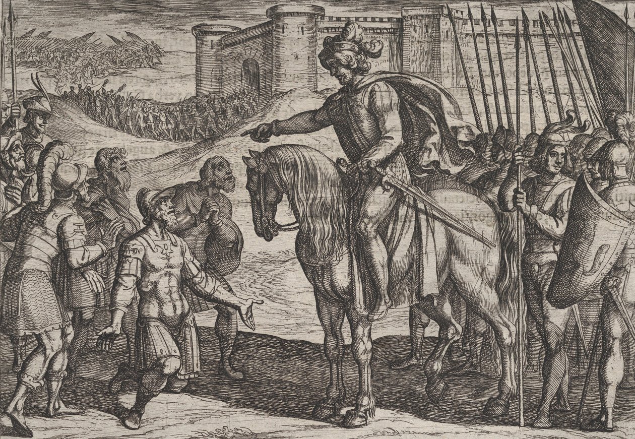 Placa 19: Hombres de la fortaleza se rinden y prometen sus vidas a Civilis, de La guerra ..., 1611 de Antonio Tempesta