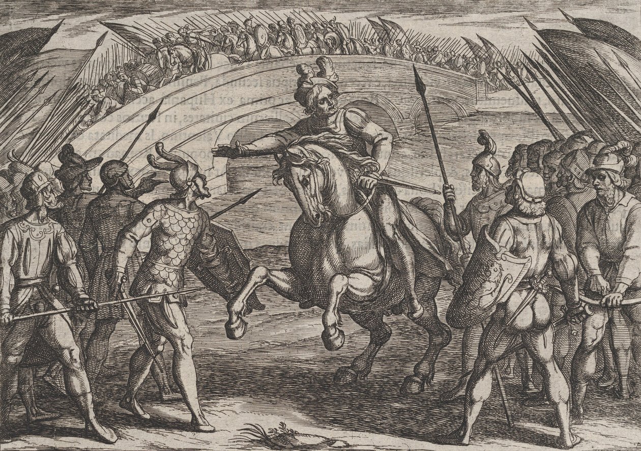 Placa 22: Civilis separa tropas alemanas y holandesas, de La guerra de los romanos contra..., 1611 de Antonio Tempesta