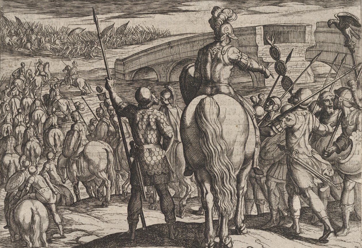 Placa 24: La vanguardia de las nuevas tropas romanas retrocedió, de La guerra de los romanos, 1611 de Antonio Tempesta