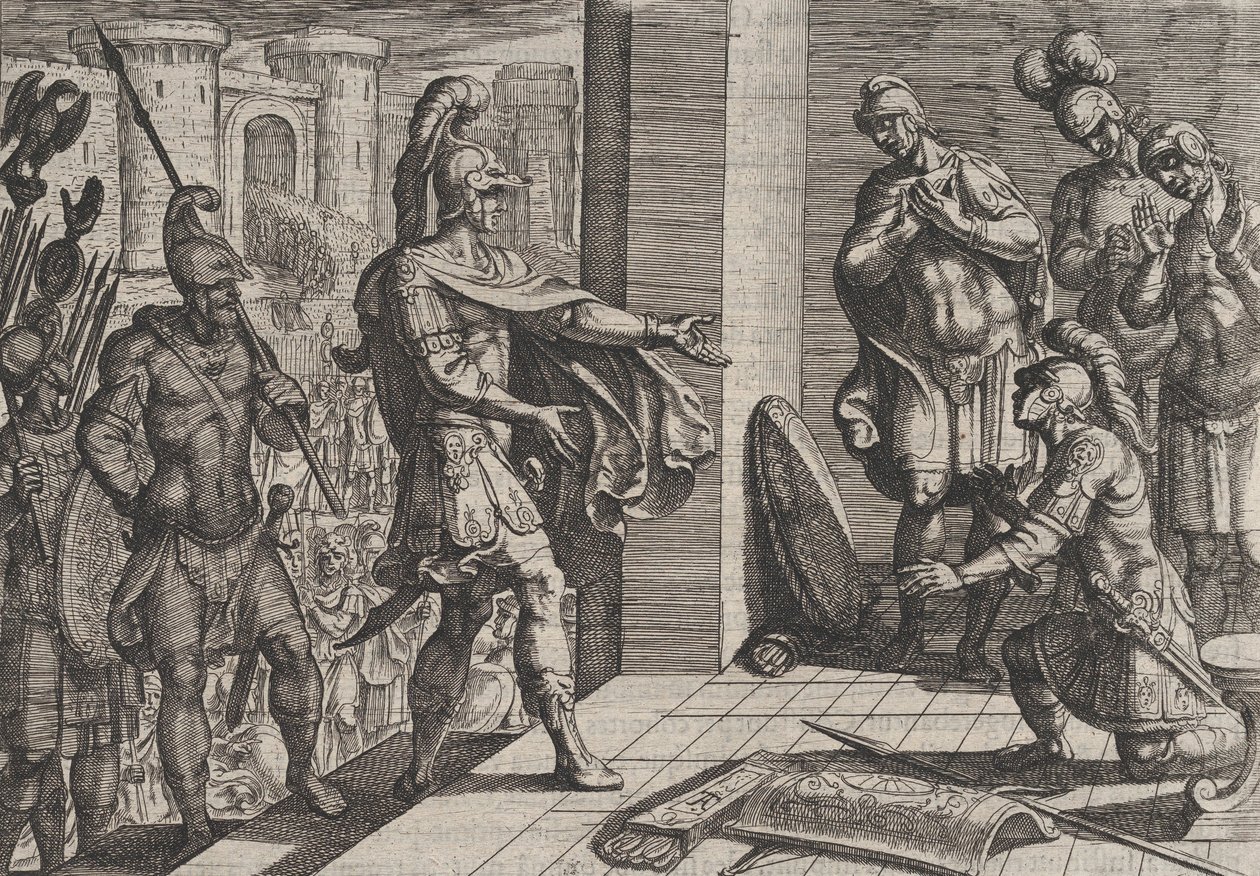 Placa 26: Cerialis perdona y alivia a los soldados romanos que ayudaron a Civilis, de The Wa..., 1611 de Antonio Tempesta
