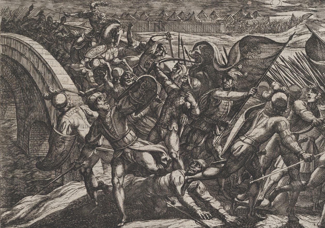 Placa 27: Los holandeses durante un ataque sorpresa al campamento romano en el Mosela, de La guerra de los romanos contra los batavios, 1611 de Antonio Tempesta