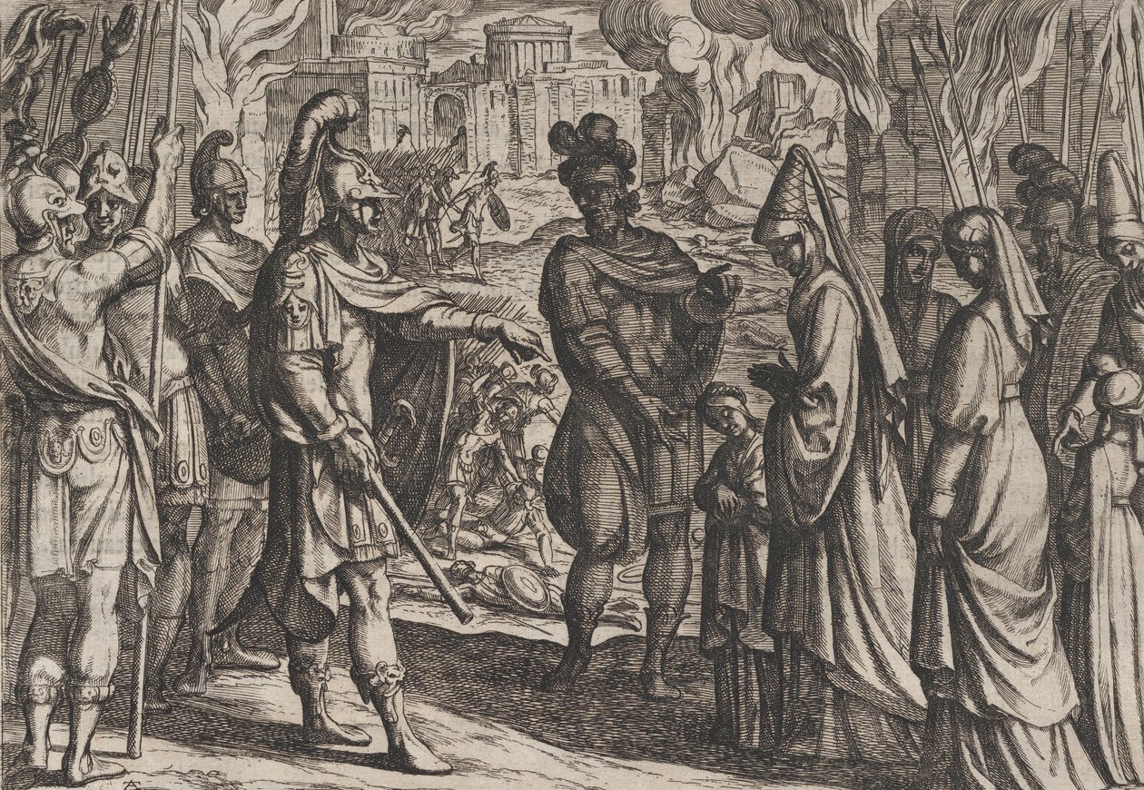 Placa 28: Las tropas de Colonia traen a la esposa y hermana de Civilis a Cerialis, de La guerra de los R..., 1611 de Antonio Tempesta