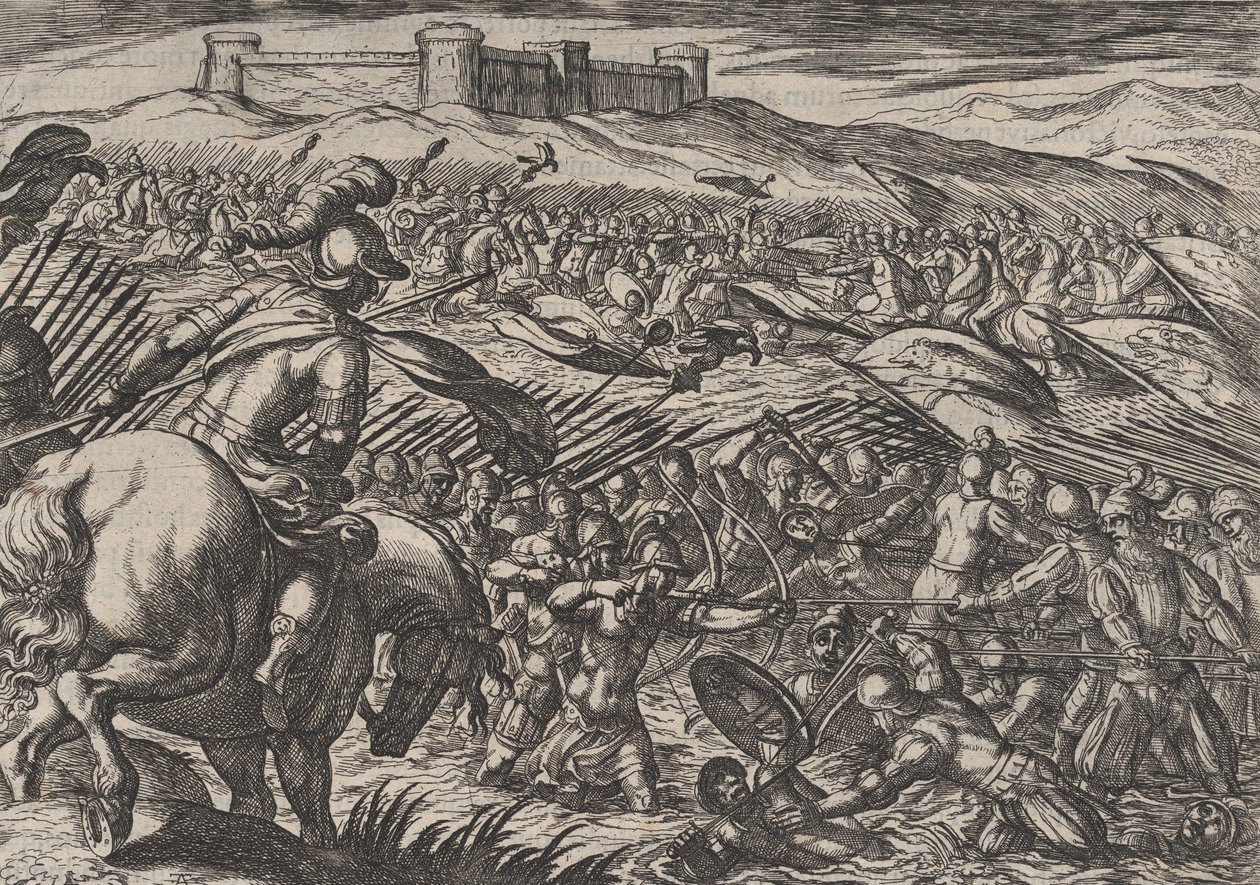 Placa 29: Civilis inunda la tierra rompiendo defensivamente los diques, de La guerra de los R... de Antonio Tempesta