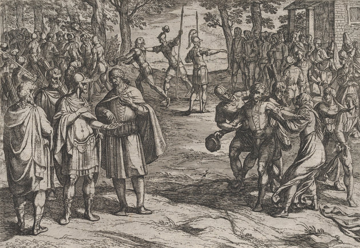 Placa 2: Los romanos tomando a viejos holandeses como rehenes y seduciendo a los jóvenes, de La Guerra..., 1611 de Antonio Tempesta