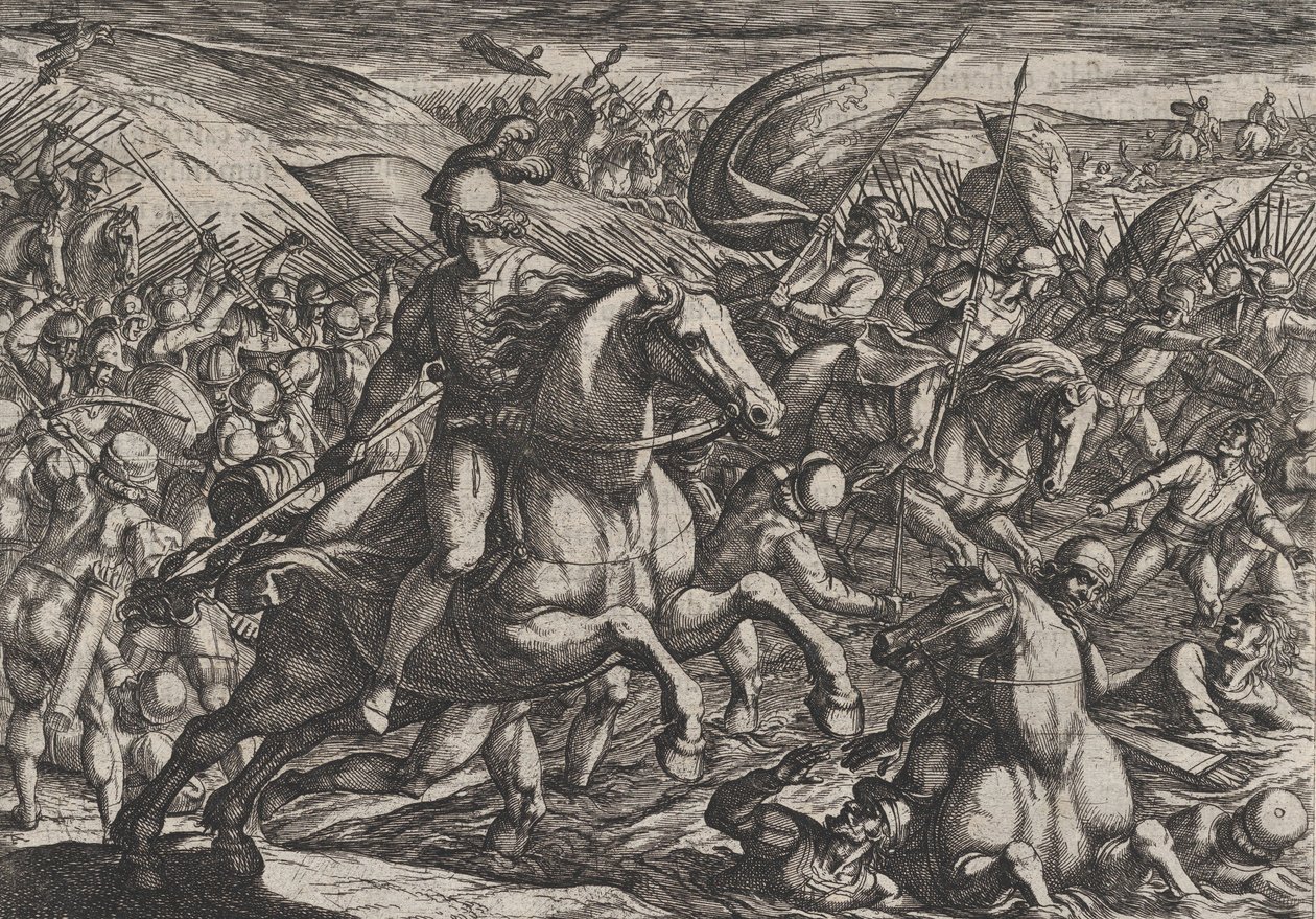 Placa 30: Cerialis expulsando a los holandeses al Rin, de La Guerra de los Romanos contra..., 1611 de Antonio Tempesta