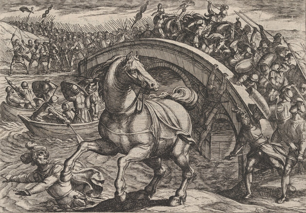 Placa 31: Civilis obligado a desmontar y nadar a través del río, de La guerra de los romanos..., 1611 de Antonio Tempesta