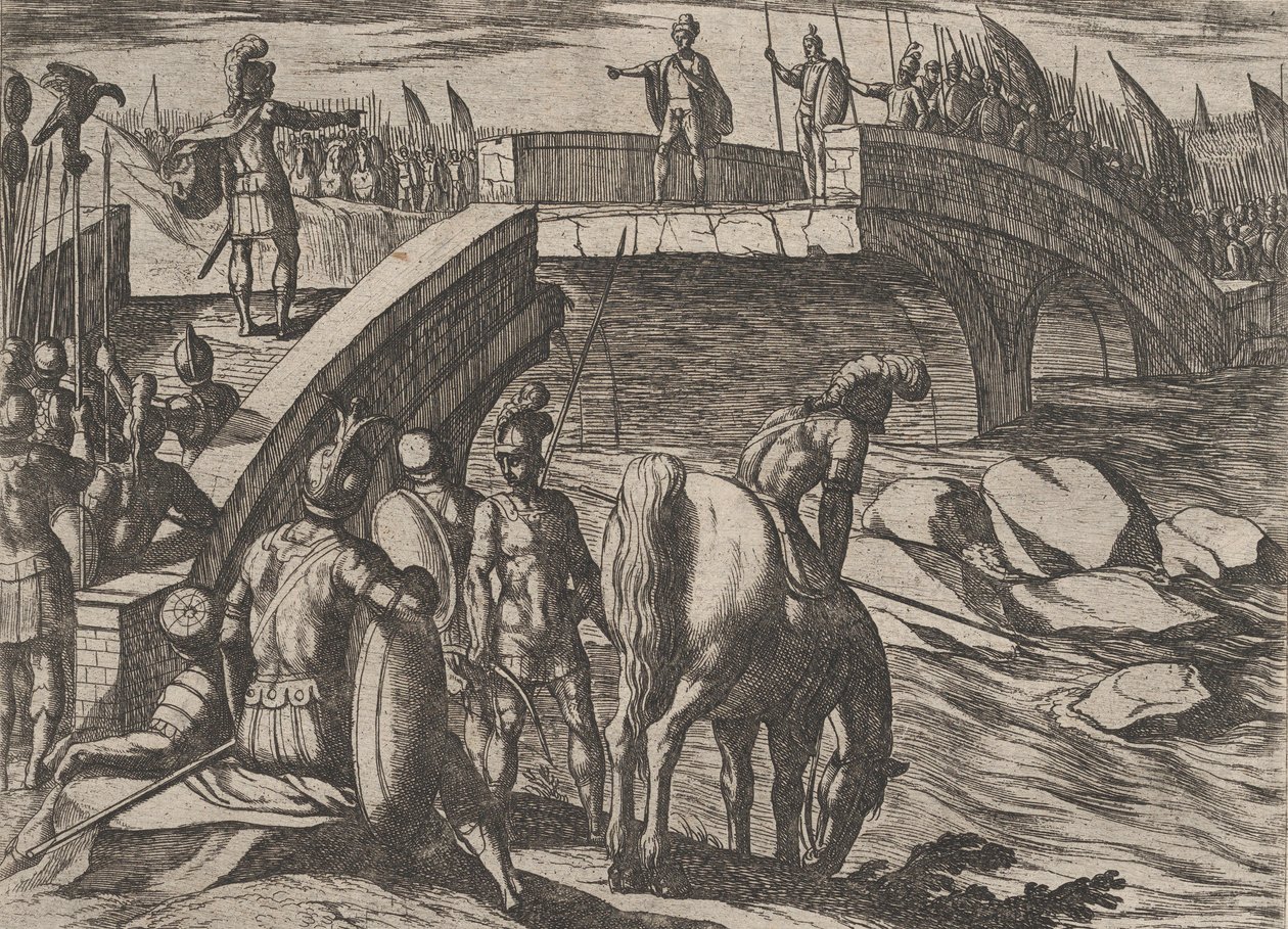 Placa 36: Civilis y Cerialis se encuentran en un puente roto para llegar a un acuerdo, de La Guerra de..., 1611 de Antonio Tempesta