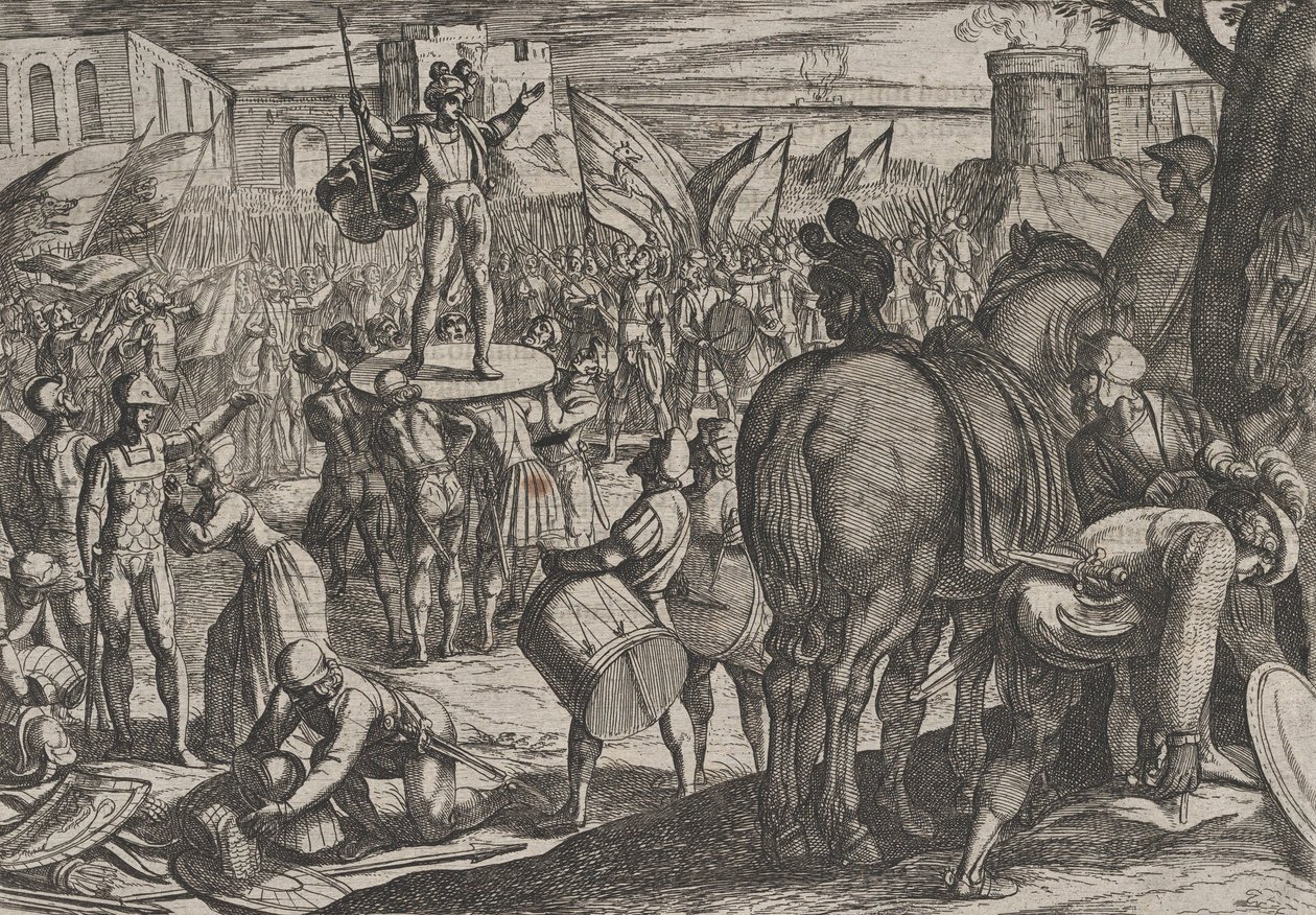 Placa 5: Bruno Nombrado Líder de los Caninefates, de La Guerra de los Romanos Contra los..., 1611 de Antonio Tempesta