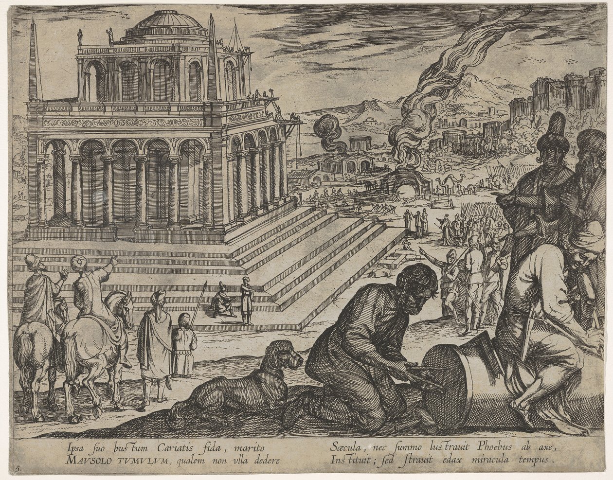 Placa 5: Tumba de Mausolo, canteros haciendo una columna a la derecha, de Las Siete Maravillas de Antonio Tempesta