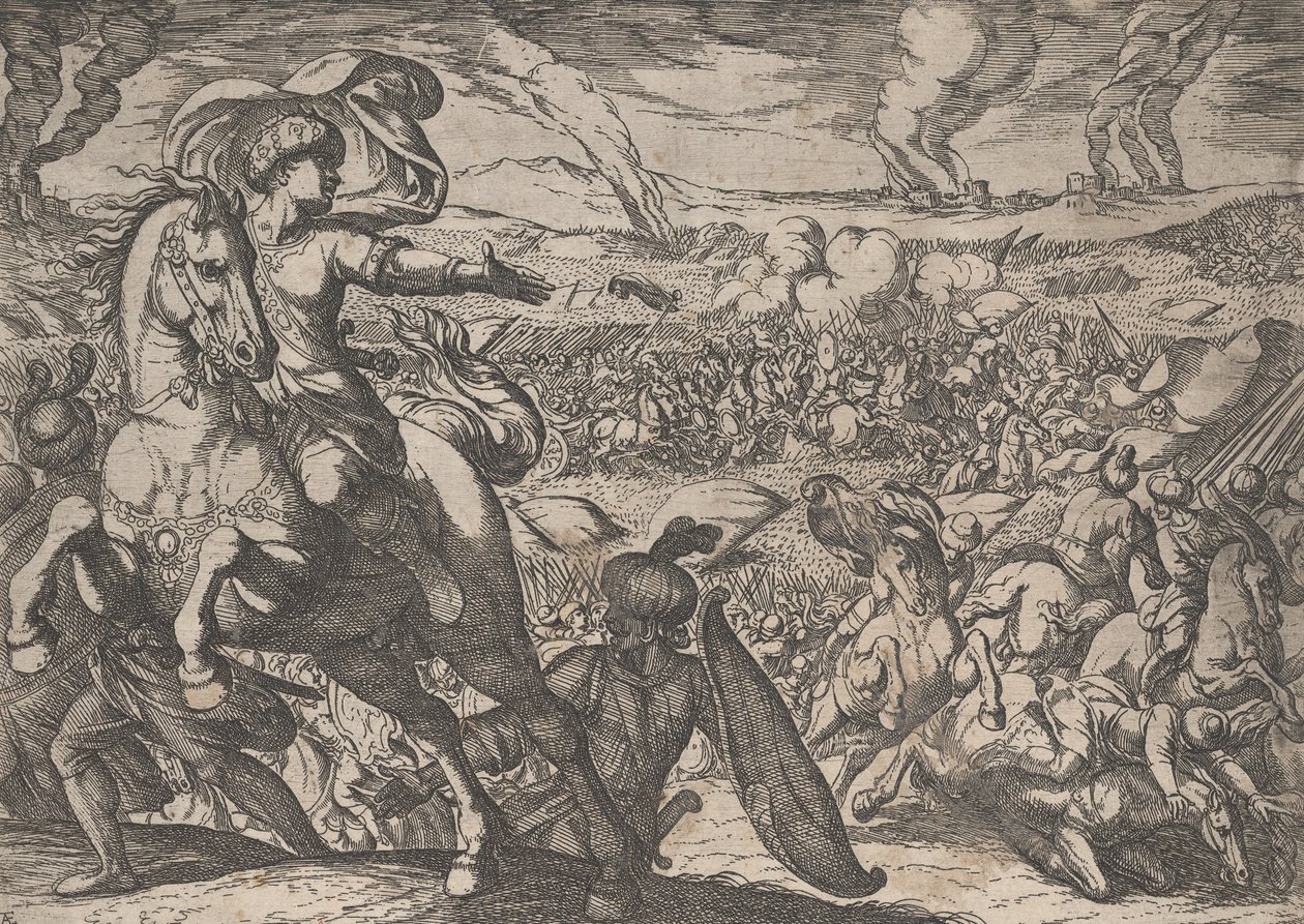 Placa 6: Darío huyendo del campo de batalla, de Los hechos de Alejandro Magno, 1608 de Antonio Tempesta