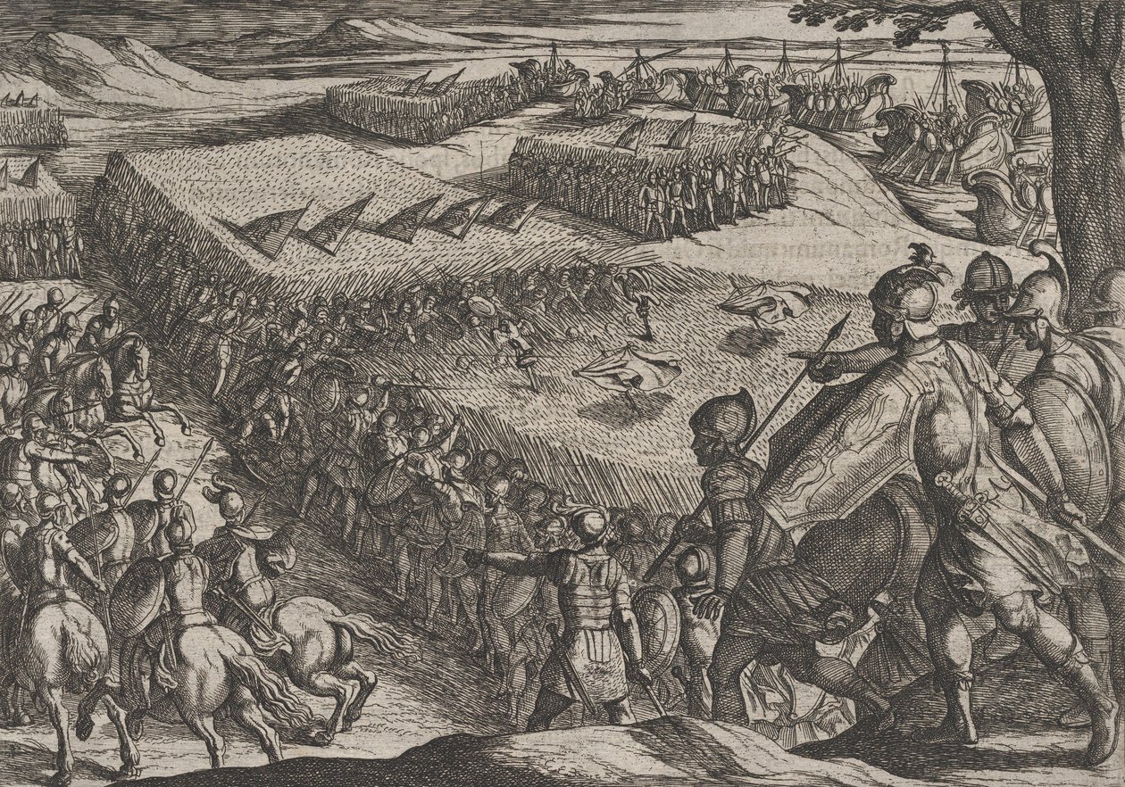 Placa 6: Romanos derrotados cerca del Rin, de La guerra de los romanos contra los batavios, 1611 de Antonio Tempesta